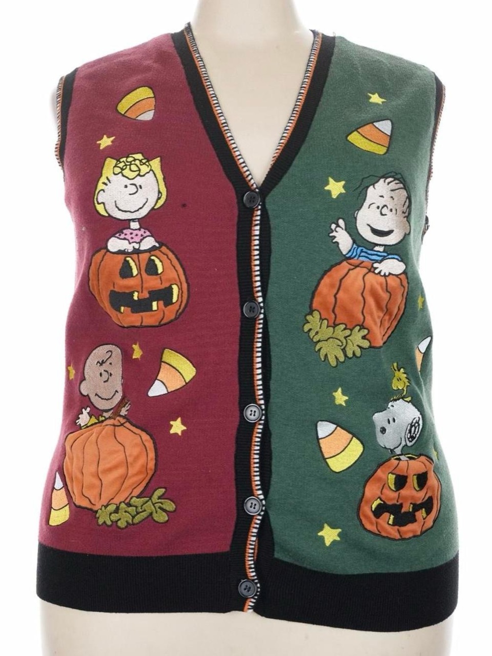 Peanuts Halloween Vest in Burgundy and Green with Pumpkin Characters